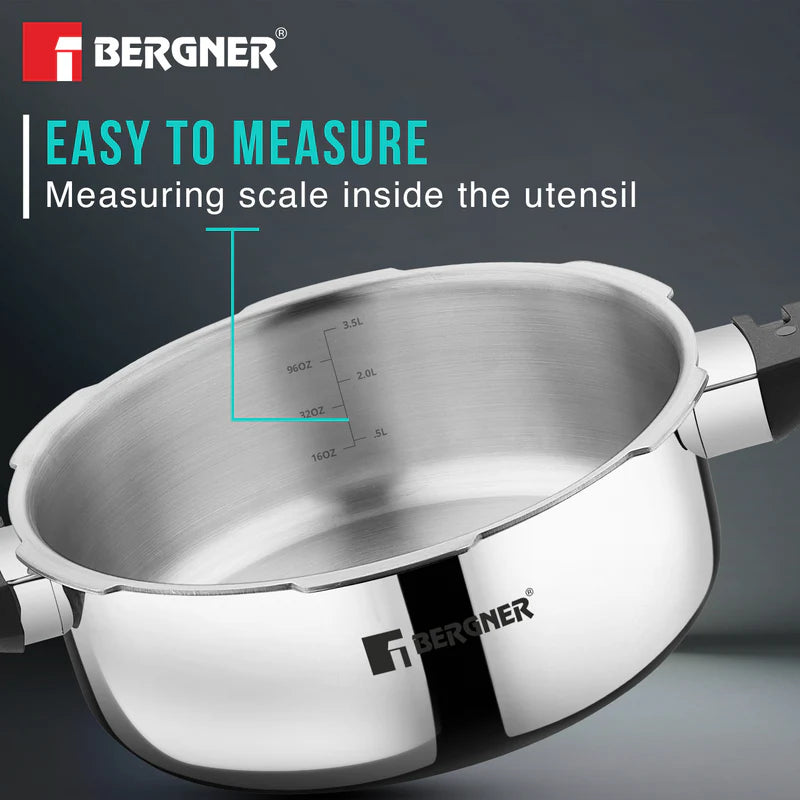 Bergner Trimax Triply Stainless Steel 3 Liters Outer Lid Pressure Pan, Silver Steel Cooker with Triply Construction