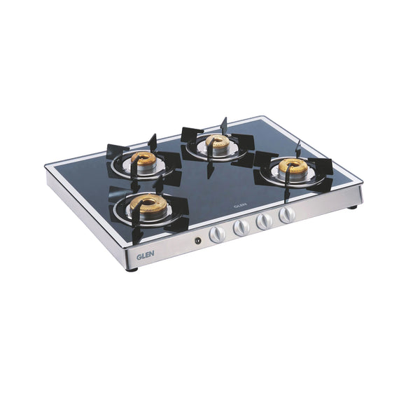 Glen 4 Burner Glass Gas Stove Mirror Finish 1 High Flame 3 Forged Brass Burners Auto Ignition 70 CM (1048GTAIBBM)