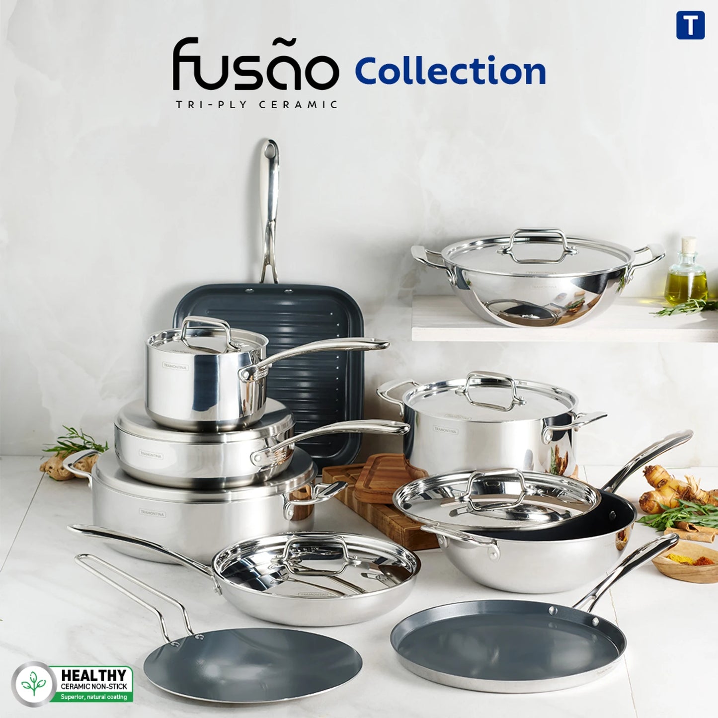Tramontina Fusao EX+ 30cm Ceramic Stainless Steel Tri-Ply Kadai with SS Lid - 5.7L