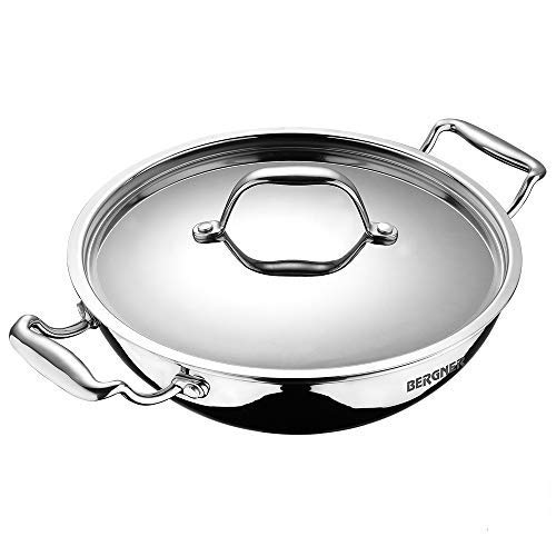 Bergner Argent Triply Stainless Steel Kadhai with Stainless Steel Lid, 28 cm, 3.9 Liters, Induction Base, Silver