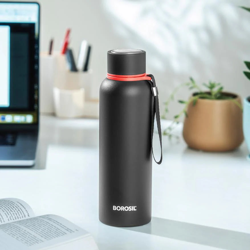 Borosil Hydra Trek Stainless Steel Water Bottle | Double Wall Vacuum Insulated Flask, Black 500 ml