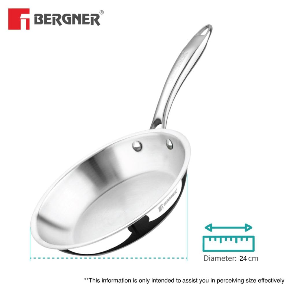 BERGNER Argent TriPly 24cm Frypan/Steel Pan, Scratch Resistant, for Spice Tempering/Seasoning, Less Oil Use, Healthy Cooking, Stay Cool Long Handle, Easy to Clean - Induction and Gas Stove Ready