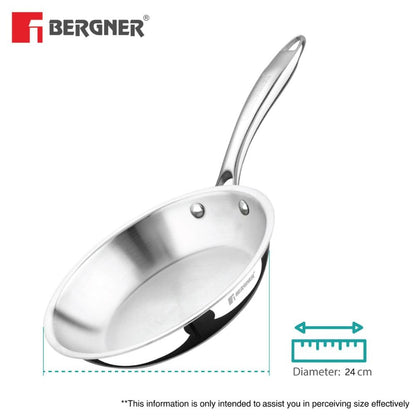 BERGNER Argent TriPly 24cm Frypan/Steel Pan, Scratch Resistant, for Spice Tempering/Seasoning, Less Oil Use, Healthy Cooking, Stay Cool Long Handle, Easy to Clean - Induction and Gas Stove Ready