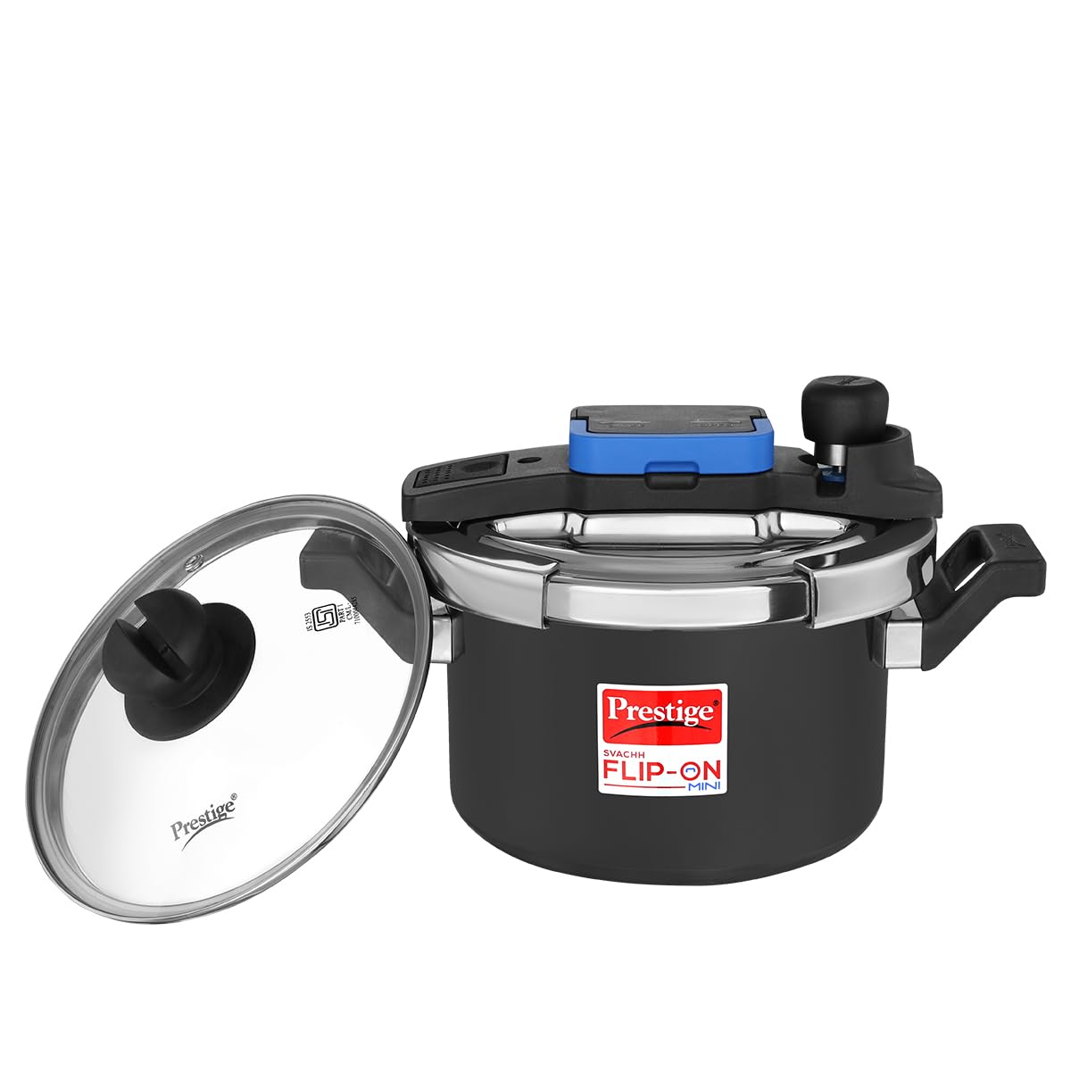 Prestige 2L Svachh FLIP-ON Mini Hard Anodised Pressure Cooker with glass lid|Innovative lock lid with spillage control|Gas & Induction compatible|5 years warranty|Black