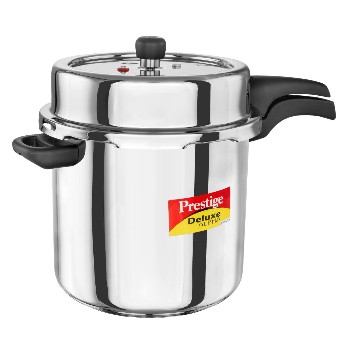 Prestige 10 Litre Stainless Steel Deluxe Alpha Svachh Outer Lid Pressure Cooker | 10Y Warranty | Deep Lid for Spillage Control | TRIPLY Base | Gasket Release System | Gas & Induction Compatible | ISI