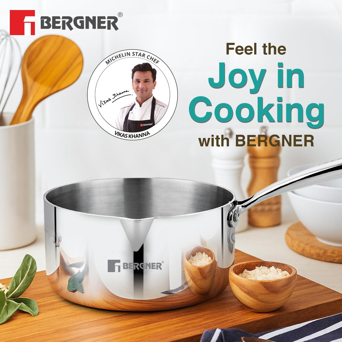 Bergner Argent TriPly Stainless Steel 16 cm Milkpan/Saucepan, Stay Cool Cast Handle, Food Safe, Durable, Even Heat Distribution, Dishwasher Safe, Induction and Gas Ready, 5-Year Warranty, Silver