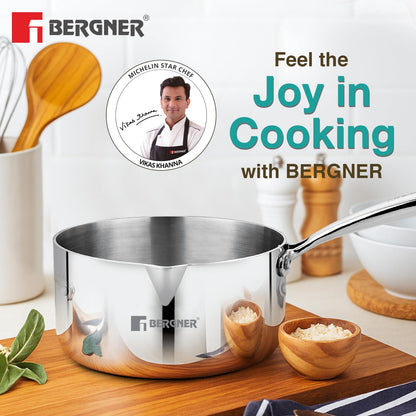 Bergner Argent TriPly Stainless Steel 16 cm Milkpan/Saucepan, Stay Cool Cast Handle, Food Safe, Durable, Even Heat Distribution, Dishwasher Safe, Induction and Gas Ready, 5-Year Warranty, Silver