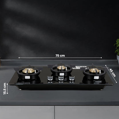 Prestige Svachh Efficia Hob 03 AI (with Toughened Glass Top Multi Spark Ignition System & 3 Brass Burners)