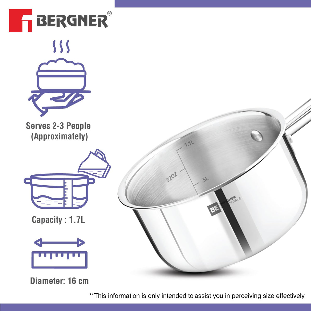Bergner BE Essentials Triply Stainless Steel 16cm / 1.7 L Teapan, Milkpan/Saucepan with Rivetless Stay Cool Handle, Healthy Cooking, Even and Faster Heating, Easy to Clean, Full Induction Bottom