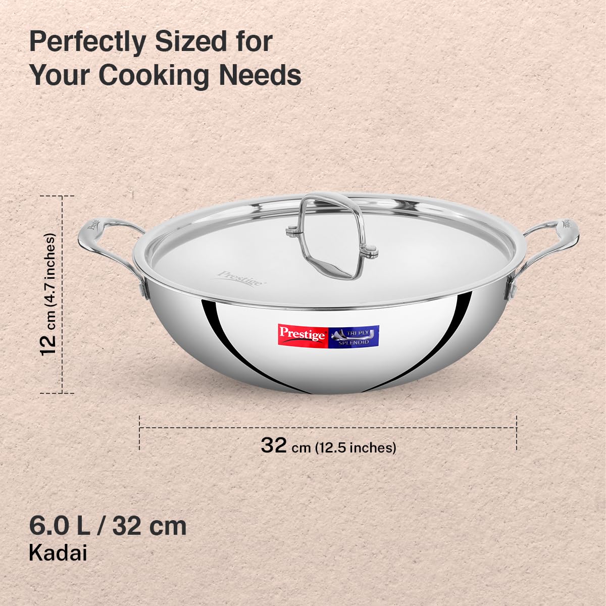 Prestige 32cm/6.0L Tri-Ply Stainless Steel Splendid Kadai with Lid|Gas and Induction Compatible|Even Heat Distribution| Thick Gauge Tri-Ply Body| Perma Cool Handles|15 Year Warranty