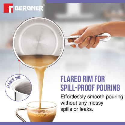 Bergner BE Essentials Triply Stainless Steel 16cm / 1.7 L Teapan, Milkpan/Saucepan with Rivetless Stay Cool Handle, Healthy Cooking, Even and Faster Heating, Easy to Clean, Full Induction Bottom