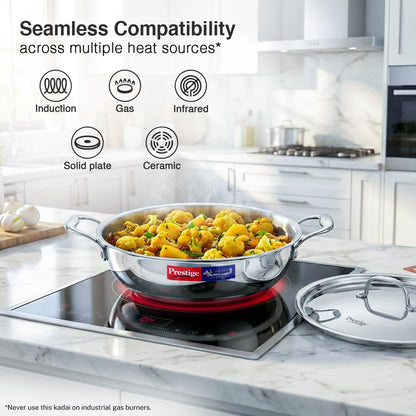 Prestige 26cm/3.2L Tri-Ply Stainless Steel Splendid Kadai with Lid|Gas and Induction Compatible|Even Heat Distribution| Thick Gauge Tri-Ply Body| Perma Cool Handles|15 Year Warranty