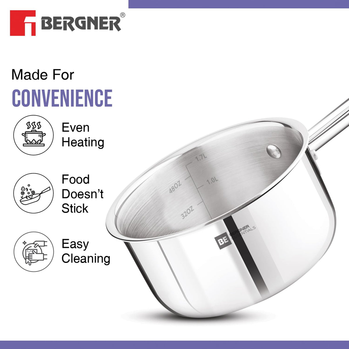 Bergner BE Essentials Triply Stainless Steel 16cm / 1.7 L Teapan, Milkpan/Saucepan with Rivetless Stay Cool Handle, Healthy Cooking, Even and Faster Heating, Easy to Clean, Full Induction Bottom