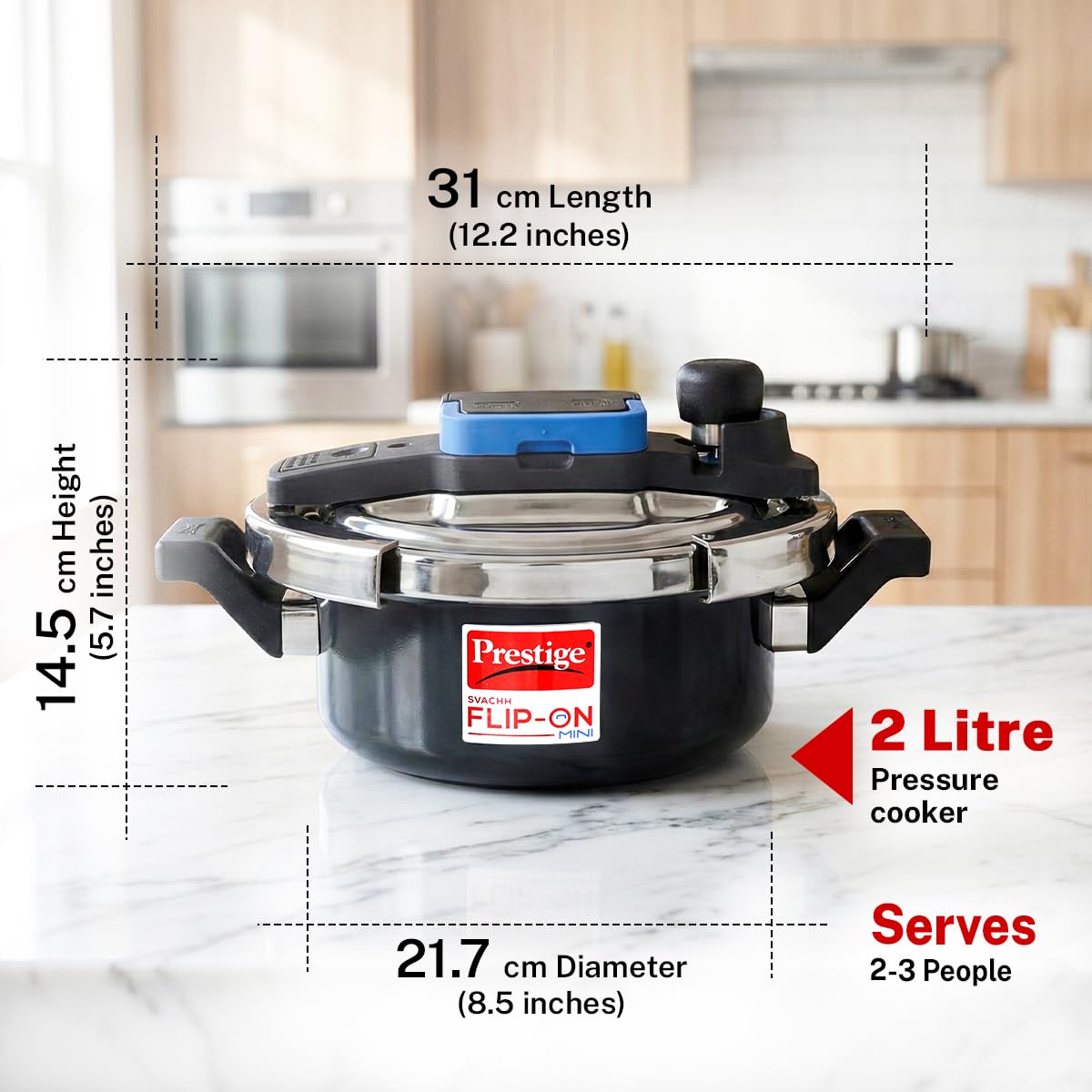Prestige 2L Svachh FLIP-ON Mini Hard Anodised Pressure Cooker with glass lid|Innovative lock lid with spillage control|Gas & Induction compatible|5 years warranty|Black