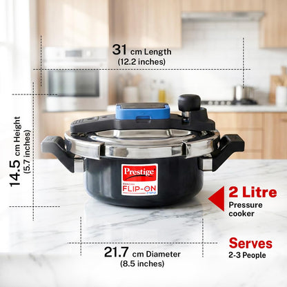 Prestige 2L Svachh FLIP-ON Mini Hard Anodised Pressure Cooker with glass lid|Innovative lock lid with spillage control|Gas & Induction compatible|5 years warranty|Black