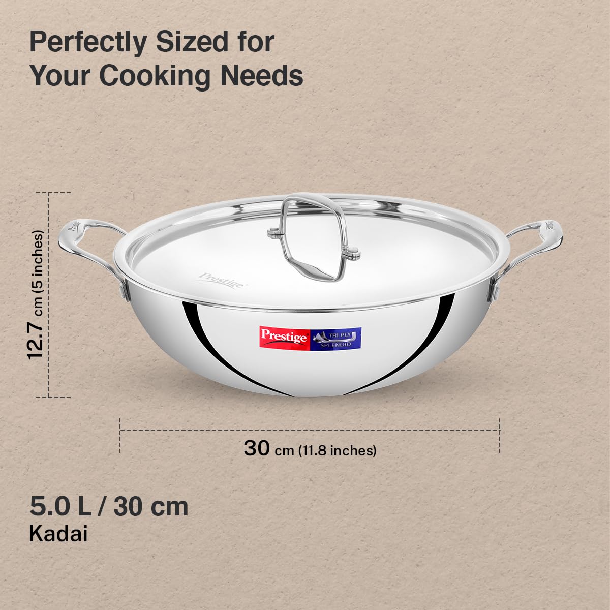 Prestige 30cm/5.0L Tri-Ply Stainless Steel Splendid Kadai with Lid|Gas and Induction Compatible|Even Heat Distribution| Thick Gauge Tri-Ply Body| Perma Cool Handles|15 Year Warranty