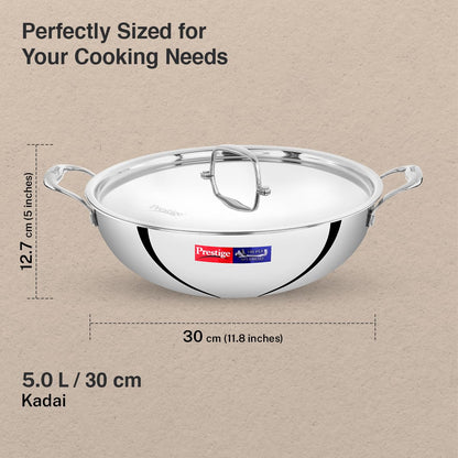 Prestige 30cm/5.0L Tri-Ply Stainless Steel Splendid Kadai with Lid|Gas and Induction Compatible|Even Heat Distribution| Thick Gauge Tri-Ply Body| Perma Cool Handles|15 Year Warranty