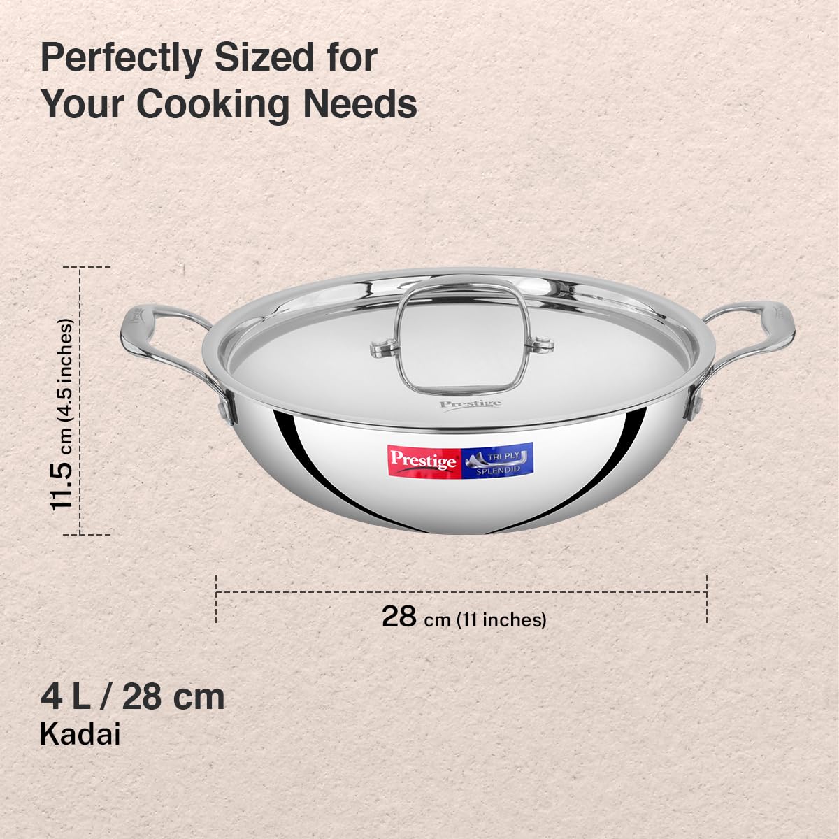 Prestige 28cm/4.0L Tri-Ply Stainless Steel Splendid Kadai with Lid|Gas and Induction Compatible|Even Heat Distribution| Thick Gauge Tri-Ply Body| Perma Cool Handles|15 Year Warranty