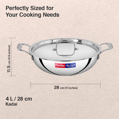 Prestige 28cm/4.0L Tri-Ply Stainless Steel Splendid Kadai with Lid|Gas and Induction Compatible|Even Heat Distribution| Thick Gauge Tri-Ply Body| Perma Cool Handles|15 Year Warranty