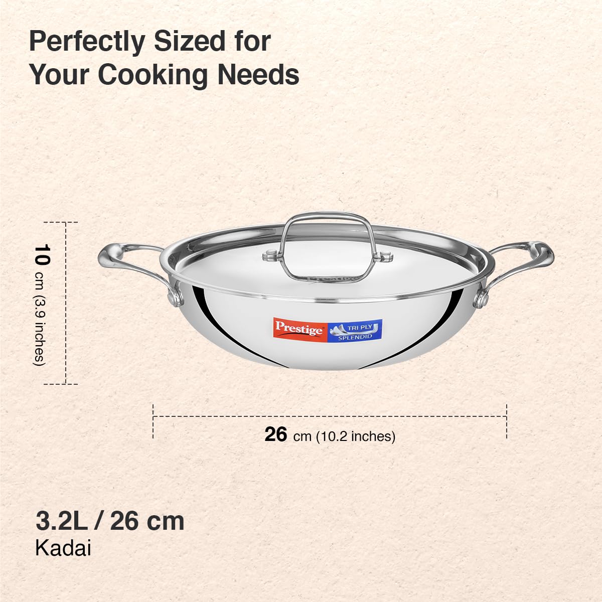 Prestige 26cm/3.2L Tri-Ply Stainless Steel Splendid Kadai with Lid|Gas and Induction Compatible|Even Heat Distribution| Thick Gauge Tri-Ply Body| Perma Cool Handles|15 Year Warranty