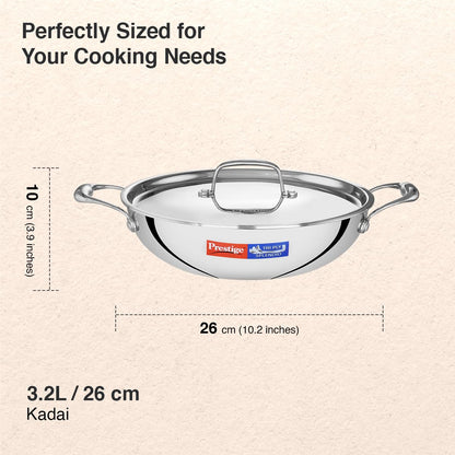Prestige 26cm/3.2L Tri-Ply Stainless Steel Splendid Kadai with Lid|Gas and Induction Compatible|Even Heat Distribution| Thick Gauge Tri-Ply Body| Perma Cool Handles|15 Year Warranty