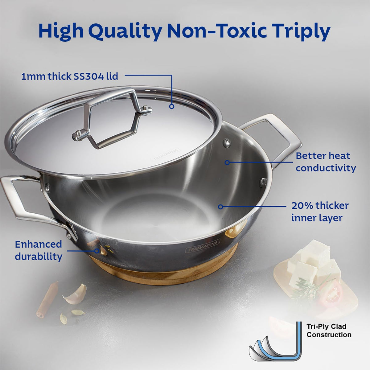TRAMONTINA Aeion Triply 30cm / 5.7L Stainless Steel Kadai with Lid | Kadhai for Curry | Stainless Steel Cookware Triply Kadhai | Induction Friendly | Stay Cool Handle | NSF Certified | 10 Yr Warranty