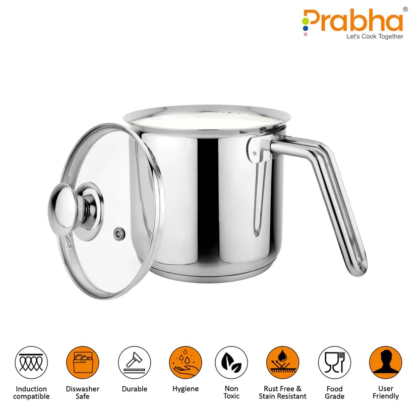 Prabha Xenon IB Milk Pot with Lid Stainless Steel | 14cm | 1.8L | Stove & Induction Cookware | Heat Surround Cooking | Hammered Milk Pot | Sauce Pan, Tea Pan, Egg Boiler, Water Boiler with Handle