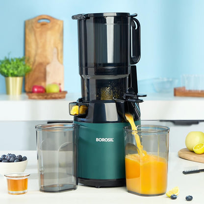 Borosil Vita Rich Cold Press Juicer | 250 Watts, 1.5 L Wide Mouth Hopper, 1 L Jug & Pulp Collector with Anti Drip Tap | Reverse Function for Pulp Cleaner, Auto Cut-Off for Safety | 2 Years Warranty