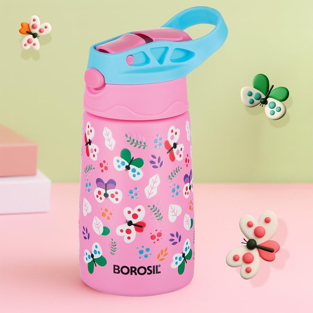 Borosil 330ml Butterfly Kids Stainless Steel Bottle | ISI Certified Made in India | 8 Hrs Hot & Cold Double Wall Vacuum Insulated Flask | Push & Straw Lid | Powder Coated Finish | 1 Year Warranty