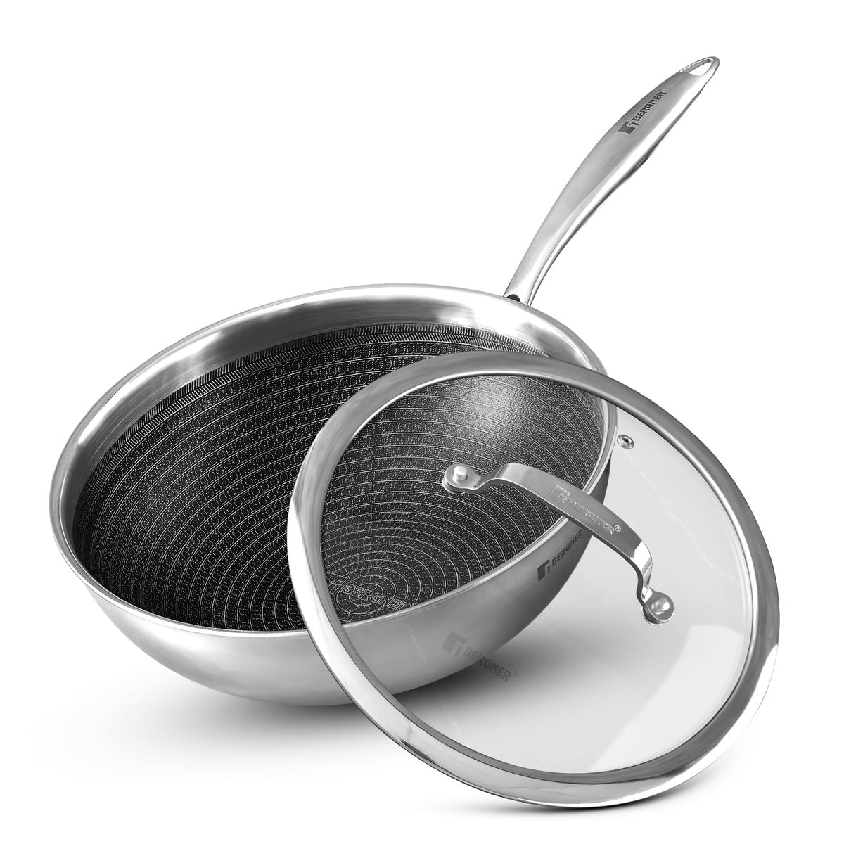 Bergner Hi-Tech TriPly Stainless Steel 28cm (4.5 L) Wok with Glass Lid, Honeycomb Non-Stick Coating Chinese Kadai, Non-Toxic, Healthy, Less Oil Use, Durable Handle, Excellent Grip - Induction Bottom