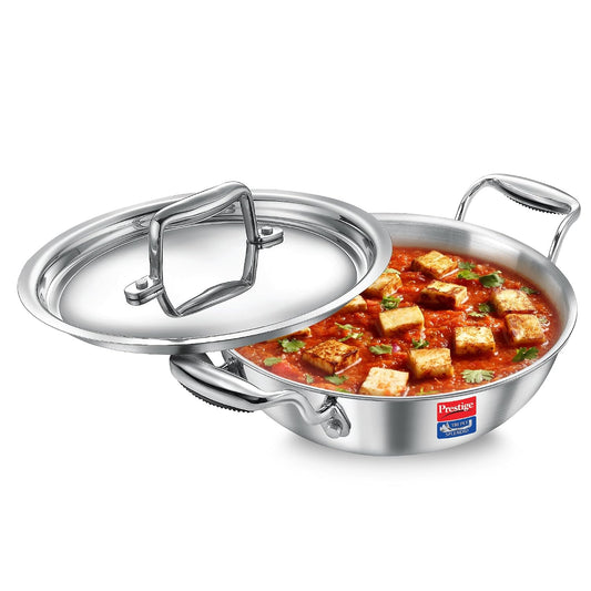 Prestige 22cm/2.1L Tri-Ply Stainless Steel Splendid Kadai with Lid|Gas and Induction Compatible|Even Heat Distribution| Thick Gauge Tri-Ply Body| Perma Cool Handles|15 Year Warranty