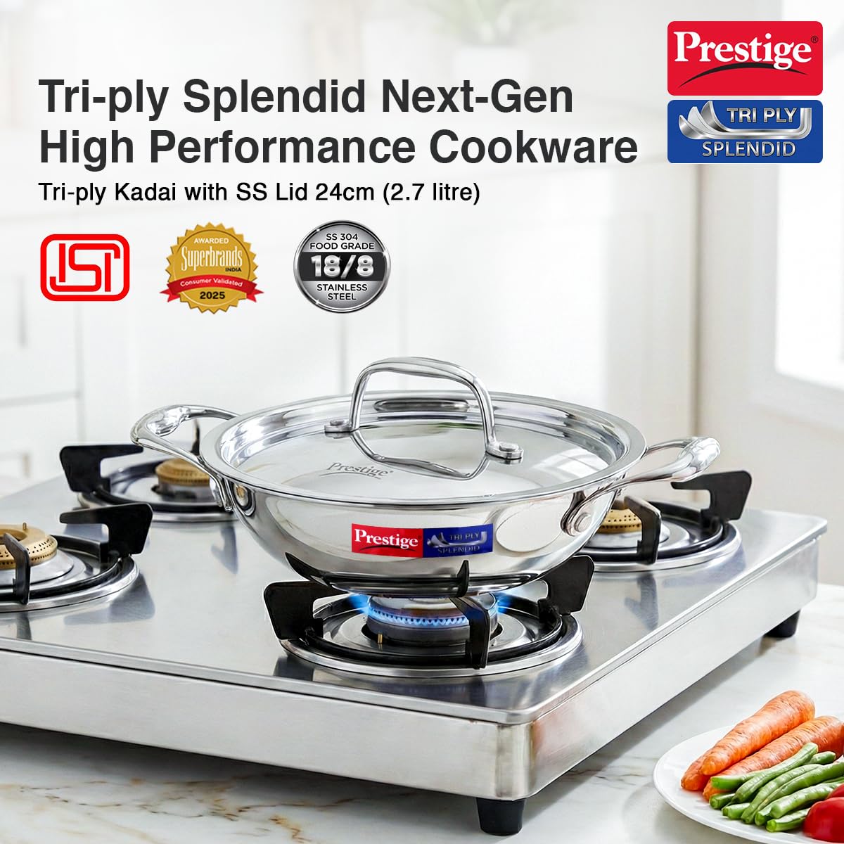 Prestige 18cm/1.2L Tri-Ply Stainless Steel Splendid Kadai with Lid|Gas and Induction Compatible|Even Heat Distribution| Thick Gauge Tri-Ply Body| Perma Cool Handles|15 Year Warranty