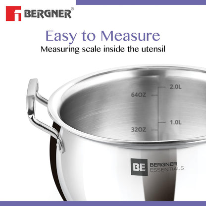Bergner BE Essentials TriPly Stainless Steel 20cm Rice Handi with Lid, Large Rice Handi, Even Heat Distribution, Easy to Clean, Non-Toxic, Healthy, Less Oil Use - Induction and Gas Stove Ready
