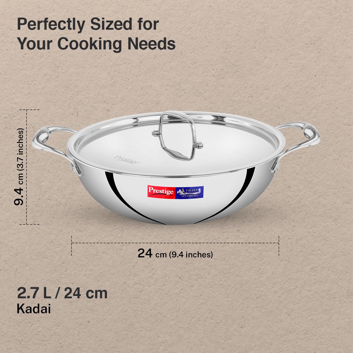 Prestige 24cm/2.7L Tri-Ply Stainless Steel Splendid Kadai with Lid|Gas and Induction Compatible|Even Heat Distribution| Thick Gauge Tri-Ply Body| Perma Cool Handles|15 Year Warranty