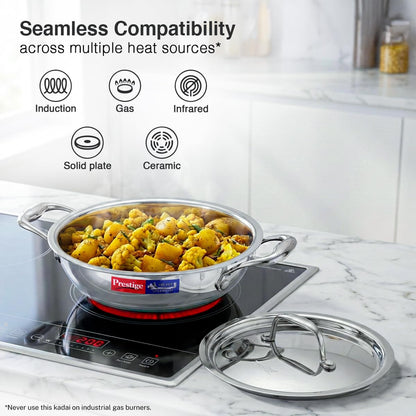 Prestige 18cm/1.2L Tri-Ply Stainless Steel Splendid Kadai with Lid|Gas and Induction Compatible|Even Heat Distribution| Thick Gauge Tri-Ply Body| Perma Cool Handles|15 Year Warranty
