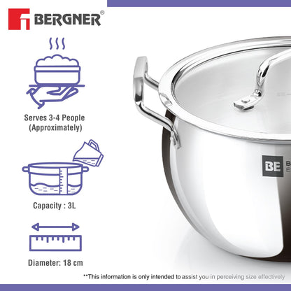 Bergner BE Essentials TriPly Stainless Steel 18 cm (3.2 L) Rice Handi with Glass Lid, Medium Size Rice Handi, Even Heat Distribution, Non-Toxic, Healthy, Less Oil Use - Induction and Gas Stove Ready