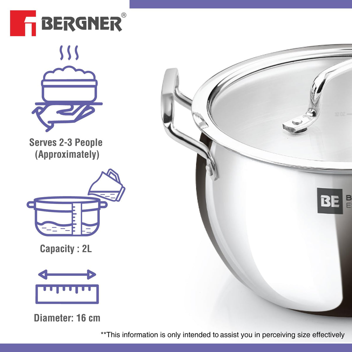 Bergner BE Essentials TriPly Stainless Steel 16cm Rice Handi with Lid, Small Rice Handi with Handle, Even Heat Distribution, Non-Toxic, Healthy, Less Oil Use - Induction and Gas Stove Ready