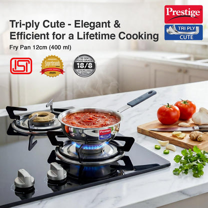 Prestige 12cm/400ml Tri-Ply Stainless Steel Cute Fry Pan|Gas & Induction Compatible| Even Heat Distribution|Perma-Cool Handles|Thick Gauge