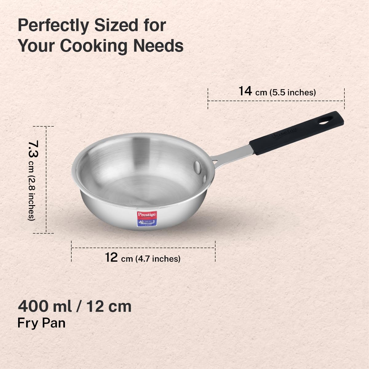 Prestige 12cm/400ml Tri-Ply Stainless Steel Cute Fry Pan|Gas & Induction Compatible| Even Heat Distribution|Perma-Cool Handles|Thick Gauge