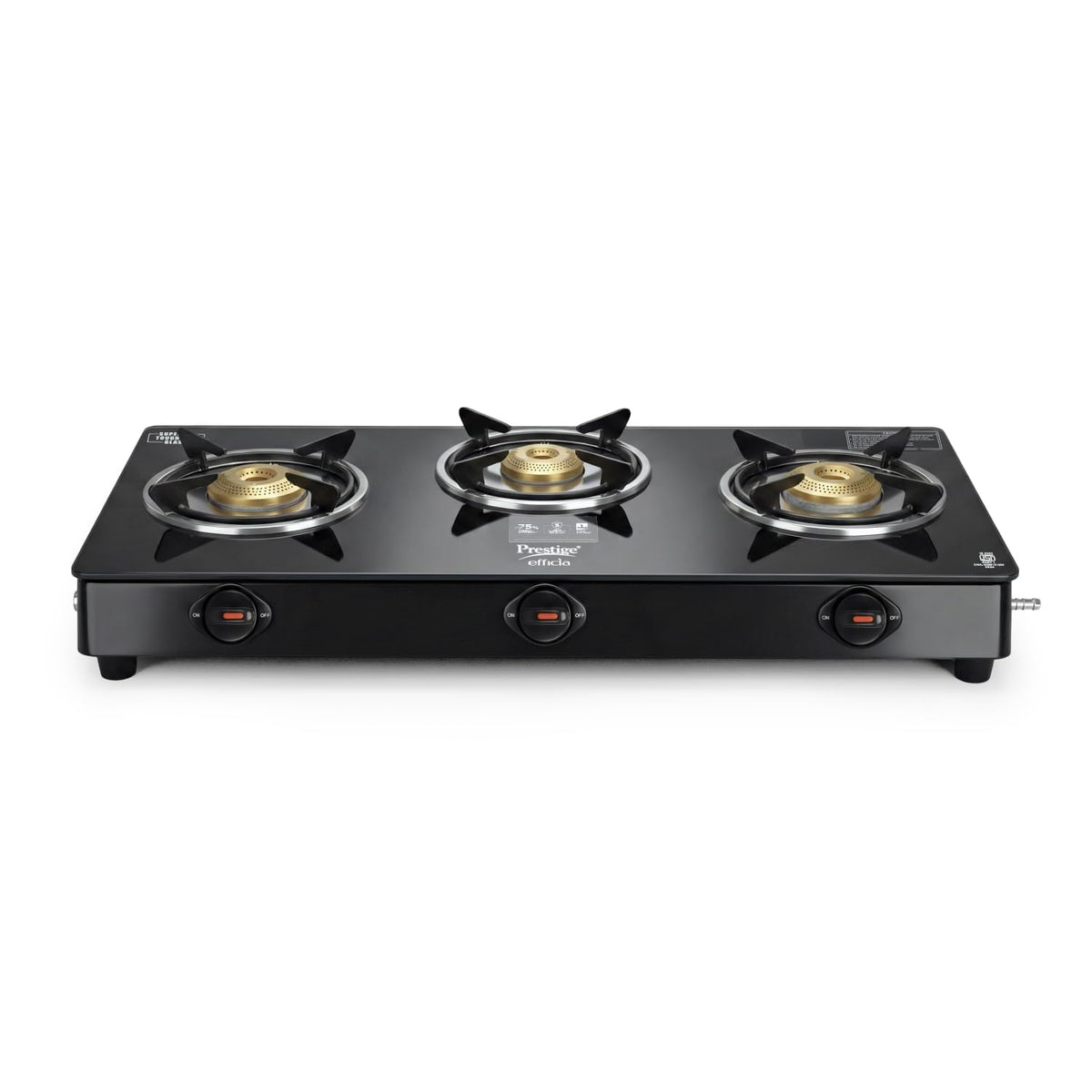Prestige Efficia LP Open Gas Stove with Powder-Coated Body, Glass Top & 3 Brass Burners