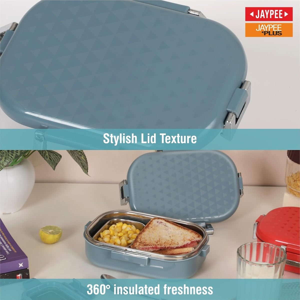 JAYPEE Snapsteel Inner Stainless Steel Insulated Lunch Box Blue, 650 ml, Airtight Tiffin Box for School Kids | Spillproof with Silicon Seal | Food Grade | BPA Free