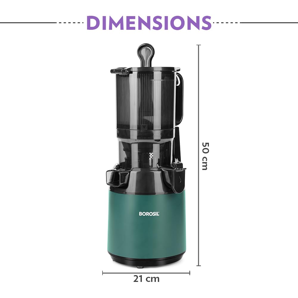 Borosil Vita Rich Cold Press Juicer | 250 Watts, 1.5 L Wide Mouth Hopper, 1 L Jug & Pulp Collector with Anti Drip Tap | Reverse Function for Pulp Cleaner, Auto Cut-Off for Safety | 2 Years Warranty