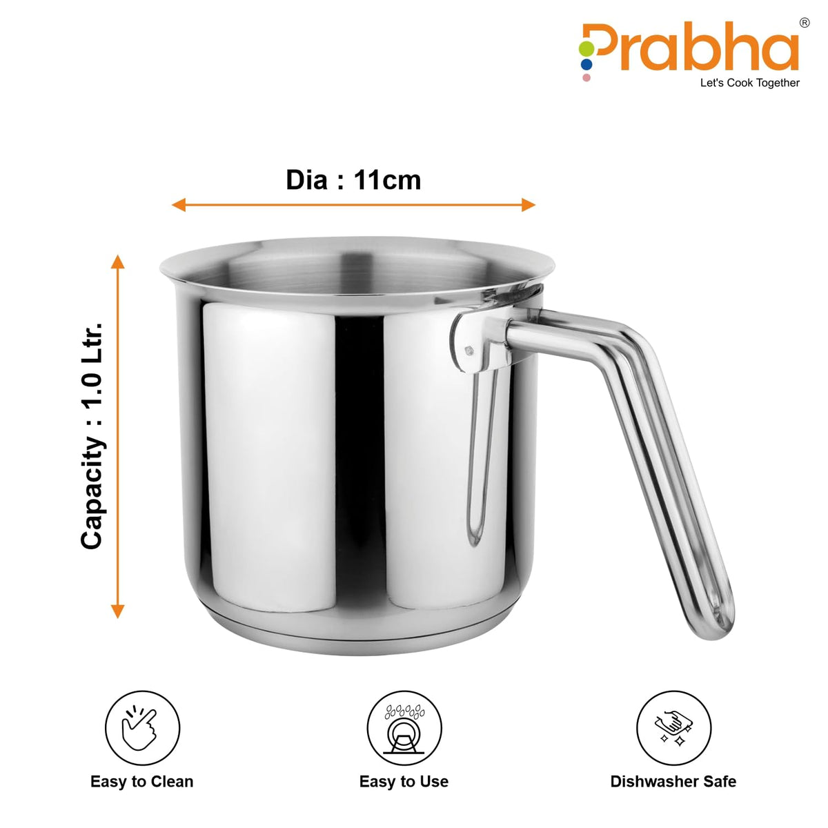 Prabha Stainless Steel Milk Pot with Handle 11cm 1.1 Litre | Milk Boiler Glass Lid Steam Vent | Kitchen Tea Container Water Boiling | Coffee/Milk Warmer, Even & Faster Heating | Induction & Gas Stove.