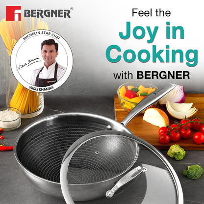 Bergner Hi-Tech TriPly Stainless Steel 28cm (4.5 L) Wok with Glass Lid, Honeycomb Non-Stick Coating Chinese Kadai, Non-Toxic, Healthy, Less Oil Use, Durable Handle, Excellent Grip - Induction Bottom