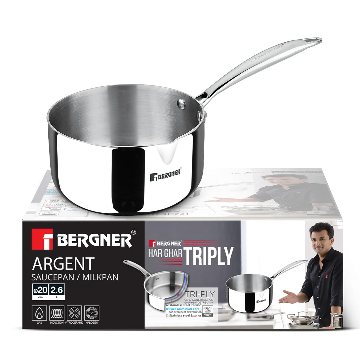 Bergner Argent TriPly Stainless Steel 16 cm Milkpan/Saucepan, Stay Cool Cast Handle, Food Safe, Durable, Even Heat Distribution, Dishwasher Safe, Induction and Gas Ready, 5-Year Warranty, Silver
