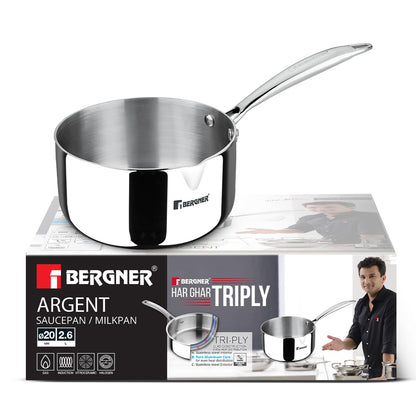 Bergner Argent TriPly Stainless Steel 16 cm Milkpan/Saucepan, Stay Cool Cast Handle, Food Safe, Durable, Even Heat Distribution, Dishwasher Safe, Induction and Gas Ready, 5-Year Warranty, Silver