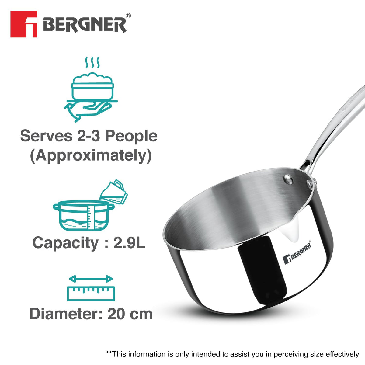 Bergner Argent 20cm (2.9 L) Triply Milkpan/Saucepan/Teapan with Pour Spout, Stay Cool Cast Handle, Food Safe, Healthy Cooking, Faster and Even Heat Distribution - Induction and Gas Stove Ready