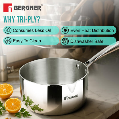 Bergner Argent TriPly Stainless Steel 16 cm Milkpan/Saucepan, Stay Cool Cast Handle, Food Safe, Durable, Even Heat Distribution, Dishwasher Safe, Induction and Gas Ready, 5-Year Warranty, Silver