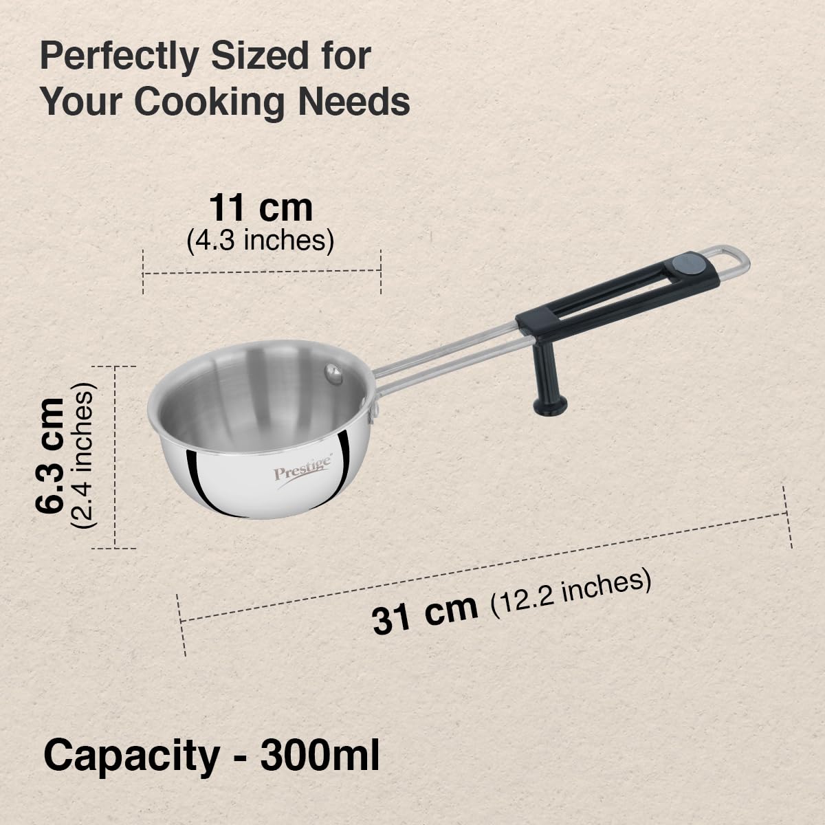 Prestige 11cm/300ml Tri-Ply Stainless Steel Splendor Tadka Pan| Gas & Induction Compatible| Rimmed Edge| in-Built Stand| Heat Resistance Handle| Thick Gauge