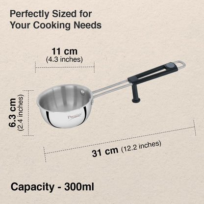 Prestige 11cm/300ml Tri-Ply Stainless Steel Splendor Tadka Pan| Gas & Induction Compatible| Rimmed Edge| in-Built Stand| Heat Resistance Handle| Thick Gauge